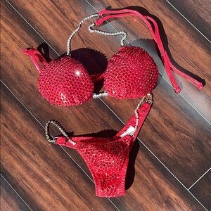 Red Crystal Embellished Bikini Set